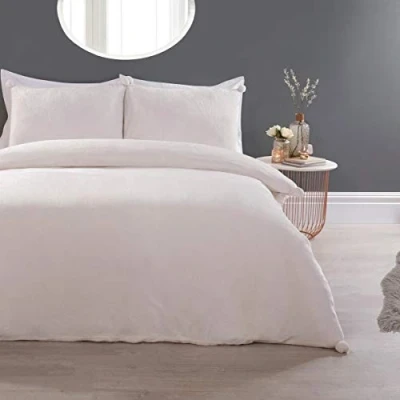 Image of Sleepdown Pom Cream Fleece Warm Cosy Super Soft Easy Care Plain Flannel Duvet Cover Quilt Bedding Set with Pillowcase Single (135 cm x 200 cm)