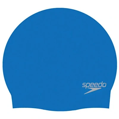 Image of Speedo Junior Plain Moulded Silicone Swimming Cap Dry Hair Kids Swim, Blue/Blue, One Size