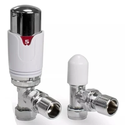 Image of TC Angled Thermostatic Radiator Valve TRV &amp; Lockshield 15mm x 1/2&quot; Drayton TRV4 Style Chrome White Angle Pack EM