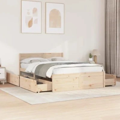 Image of vidaXL Solid Wood Pine Double Bed Frame Base 120x200 cm with Plywood Slats Brown Modern Bedroom Furniture Storage Drawers Untreated