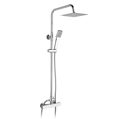Image of Ibergrif M21807 Thermostatic Rain Shower System, Wall Mounted Square Mixer Tap Kit, Black, Silver
