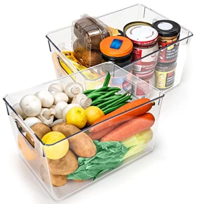 Image of Kurtzy 2 Pack of Kitchen Fridge &amp; Cupboard Storage Trays 26cm/10.24 Inches Overall Length Clear Plastic Refrigerator Bins Bathroom, Pantry, Drawer, Freezer and Home Organiser Containers