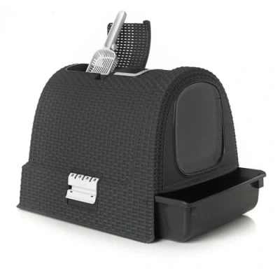 Image of Curver 2068961 petlife cat litter box with lid, scoop, modern rattan weave look, anthracite, 50 x 38.5 40 cm