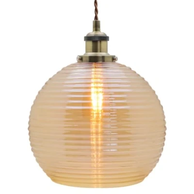 Image of Ribbed Glass Globe Pendant Light Amber Modern Vintage Smoked Ceiling Lamp Brass Fitting K408