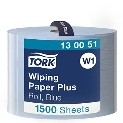 Image of Tork 130051 Wiping Paper Plus / 2 Ply Absorbent QuickDry Roll Suitable for W1 Wipers Wall/Floor/Standard System Blue 1 x 510m Ø 39cm