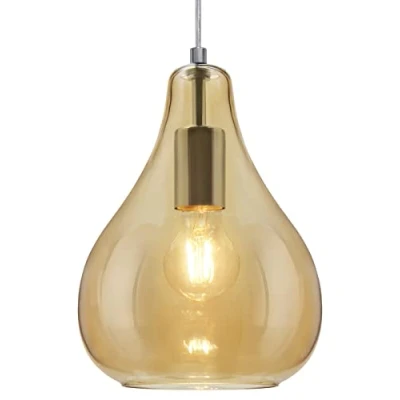 Image of Modern Tear Drop Pendant Light Glass Shade Smoked Amber Single Chrome Ceiling Lamp Holder H3067