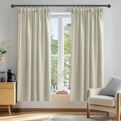Image of Deconovo Solid Super Soft Thermal Insulated Pencil Pleat Blackout Curtains for Children 46 x 72 Inch Light Beige 2 Panels