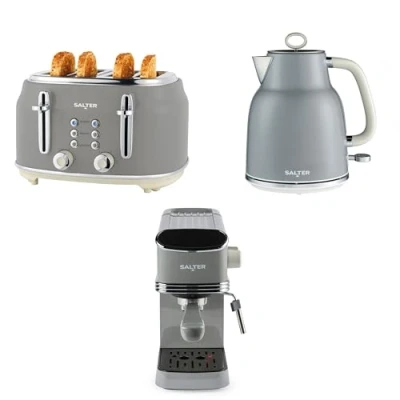 Image of Salter Retro 3 Piece Countertop Set Digital Espresso Machine with Milk Frothing Wand, 20 Bar Pressure Pump, 1.7L Electric Rapid Boil Kettle &amp; 4 Slice Toaster, 6 Browning Levels, Grey, COMBO 9733