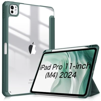 Image of FINTIE Hybrid Case Compatible with iPad Pro 11 inch (2024) M4, [Built in Pencil Holder] Shockproof Cover w/Clear Transparent Back Shell, Auto Wake/Sleep, Midnight Green