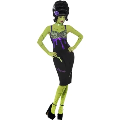 Image of Smiffys Pin Up Frankie Costume, Black with Dress, Flower &amp; Choker, Halloween Adult Fancy Dress Costumes