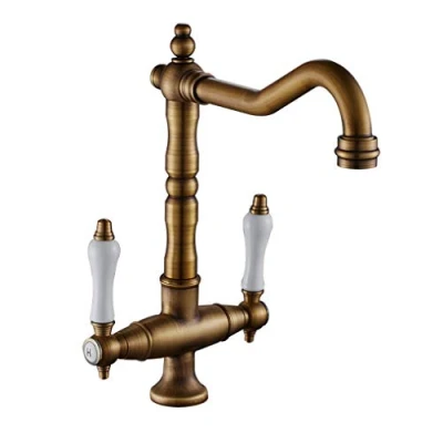 Image of YAWEDA Kitchen Faucet Antique Brass Sink Mixer Tap 360 Degree Rotation Taps Aerator Deck Mounted White Ceramic Double Handle Retro