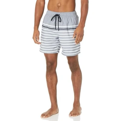 Image of Amazon Essentials Men&#039;s 7&quot; Quick Dry Swimming Trunks Discontinued Colours, Black Charcoal Heather Narrow Stripe, M