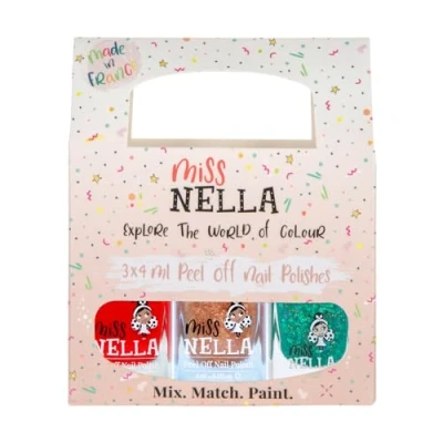Image of Miss Nella CHRISTMAS SPARKLE Peel Off, Odour Free, Water Base &amp; Safe for kids nail polish pack of 3 green (glitter), red gold (glitter)