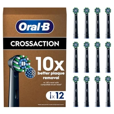 Image of Oral B Pro Cross Action Electric Toothbrush Head, X Shape and Angled Bristles for Deeper Plaque Removal, Pack of 12 Heads, Suitable Mailbox, Black