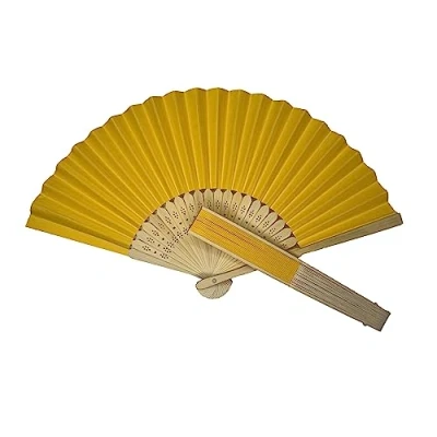 Image of Parev Dark Yellow Paper Foldable Hand Held Bamboo Wooden Fan