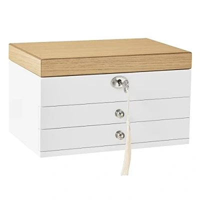Image of SONGMICS JOW15WN 3 Tier Jewellery Box Large Mirror 2 Drawers Lockable Gift for Rings Earrings Bracelets Christmas White Wood