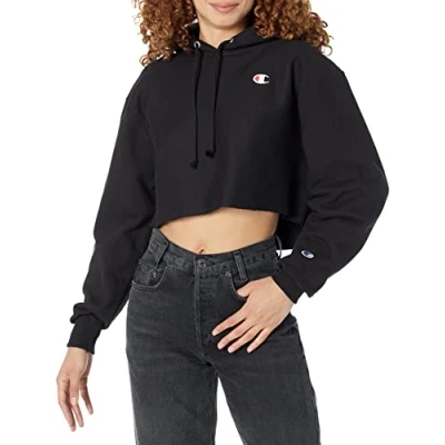 Image of Champion Women&#039;s Reverse Weave Cropped Cut Off Hood Sweatshirt, Black 549302, S