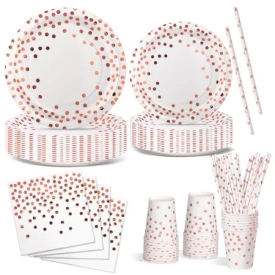 Image of Nkaiso Party Tableware 120 Pieces Rose Gold Kids Birthday Plates Supplies Set Includes Paper Napkins for Decorations Christening Wedding Shower 24 Guests