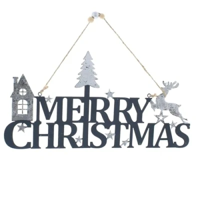 Image of Festive Productions Navy Metal &#039;MERRY CHRISTMAS&#039; Hanging Decoration with Silver Details 30cm Christmas for Home Gift Idea