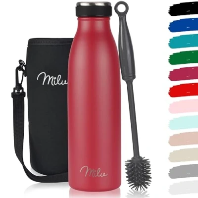 Image of Milu Stainless Steel Drinking Bottle 350ml, 500ml, 750ml, 1L, 1,5L Thermo Bottle, Insulated Water Leak Proof Double Walled, Carbonated incl. Cleaning Brush (Red, 500ml)