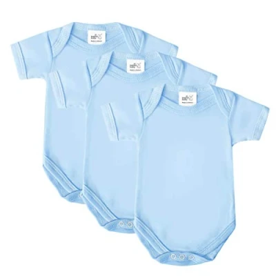 Image of Baby Bodysuits, Vests, Newborn Cotton Short Sleeved Bodysuit, British Made for Boys or Girls, 3 Pack, Blue,