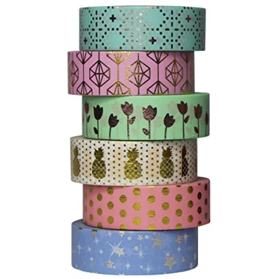 Image of UOOOM 6 pcs Decorative Sticker Gold Foil Washi Tape Masking Paper Adhesive Scrapbooking DIY Craft Gift10m X15mm (Design 9061)