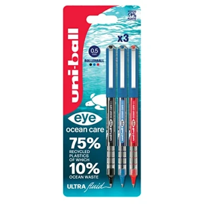 Image of Uni ball Eye Ocean Care UB 150ROP Rollerball Pens. Micro 0.5mm Ballpoint Tip for Smooth Writing, Drawing, Art &amp; Colouring. Fade and Water Resistant Liquid Super Ink. 3 Pack Black, Blue, Red