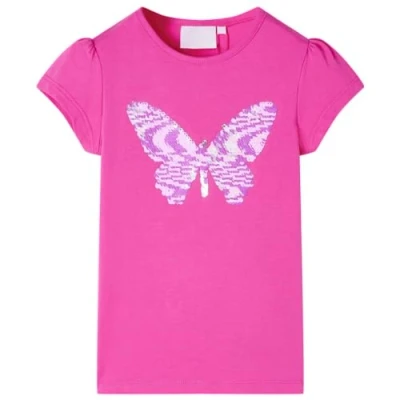 Image of vidaXL Kids&#039; Cap Sleeves T Shirt with Sequinned Butterfly Design, Cotton and Elastane Material, Round Neckline, Size 116, Dark Pink Color