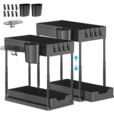 Image of Eufrozy 2 Pack Under Sink Storage Adjustable Height, Tier Sliding Kitchen Shelf, Cabinet Organiser, Multi Purpose Organisation for Bathroom Countertop
