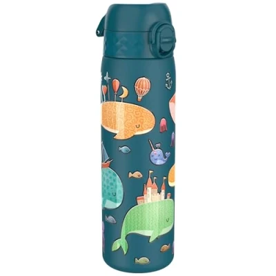 Image of Ion8 Steel Water Bottle, 600 ml/20 oz, Leak Proof, Easy to Open, Secure Lock, Dishwasher Safe, Flip Cover, Fits Cup Holders, Carry Handle, Durable, Metal Raised Print, Whales Design