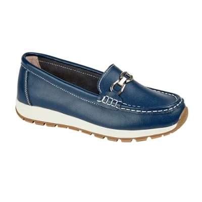 Image of Jo &amp; Joe Ladies Smooth Leather Comfort Wedge Loafer with Chain Trim Sizes 4 8 (Dark Blue, UK Footwear Size System, Adult, Women, Numeric, Medium, 6)