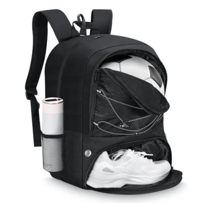 Image of MoKo Soccer Bag Backpack, Basketball Backpack for Men &amp; Women with Separate Ball and Shoes Compartments, Water Resistant, Fence Hook, Sports Equipment Clothes, Shoes, Tablets, Laptops, Black