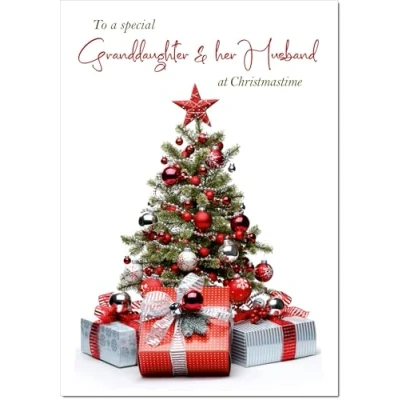 Image of doodlecards Granddaughter &amp; Husband Christmas Card Parcels and Tree Medium Size with Plain Envelope