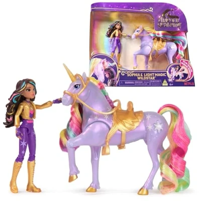 Image of Unicorn Academy, Sophia &amp; Light Magic Wildstar with Rainbow up Effects, 2 Riding Accessories, Dolls and Toys for Girls Aged 4
