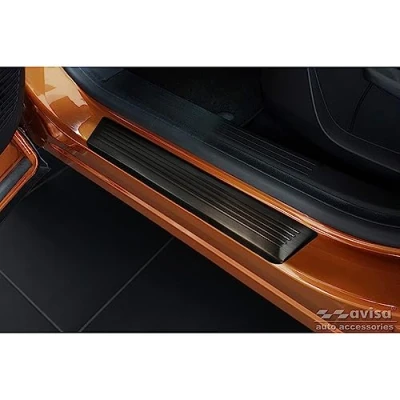 Image of Black Stainless Steel Door sill protectors compatible with Renault Captur II 2020 &amp; Mitsubishi ASX 2023 &#039;Lines&#039; 4 pieces