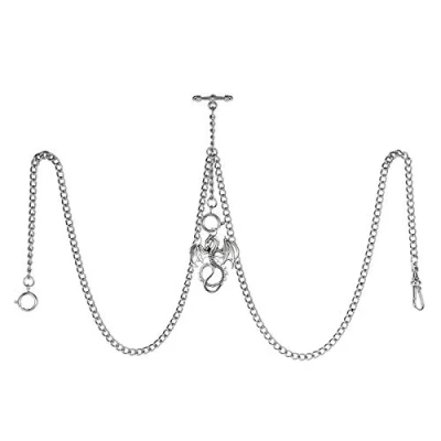 Image of TREEWETO Men&#039;s Double Albert Chain Pocket Watch Curb Link Key 3 Hooks with Antique Dragon Silver Pendant Design Charm Fob T Bar