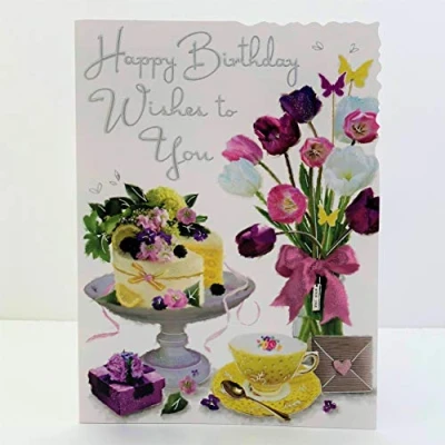 Image of Jonny Javelin Female Happy Birthday Wishes to You Card Cake Flowers Tea Cup