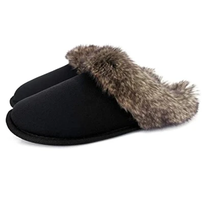 Image of ofoot Womens Winter Warm Moccasins Faux Fur Suede Slippers Indoor Mules Knit Lined Furry House Shoes Non Slip Rubber Sole (Black, 6/6.5 UK)