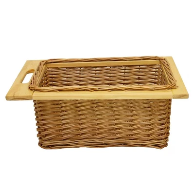 Image of 2 x Pull out Wicker Basket Drawer 400mm Kitchen Storage Solution Larder Base Unit Cupboard with Handle Rustic Beech Wood Farmhouse Style 100% Handmade Rattan FREE Fixing Kit Included Brown