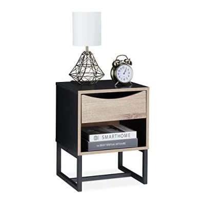 Image of Relaxdays Night Stand, Side Table, Drawer, H x W D: approx. 50 39 35 cm, Metal, Black/Natural, Fibreboard, 1 piece