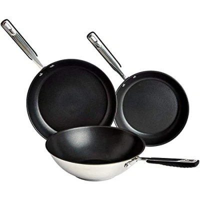 Image of Amazon Basics 3 Piece Stainless Steel Non Stick Induction Frying Wok and Pan Set with Soft Touch Handle, 24/28/28 cm, PFOA&amp;BPA, Silver
