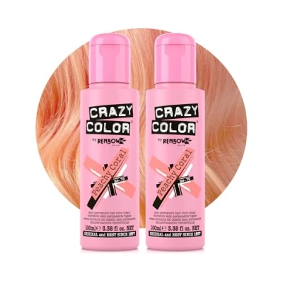 Image of Crazy Color Vibrant Peachy Coral Semi Permanent Duo Hair Dye. Highly Pigmented Pinky Peach Conditioning &amp; Oil Nourishing Vegan Formula No Bleach or Ammonia 200ml
