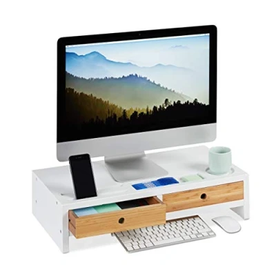 Image of Relaxdays Bamboo PC Monitor Stand, Screen Riser with 2 Drawers &amp; Compartments, Computer Workstation HWD 14 x 60 30 cm, White/Natural