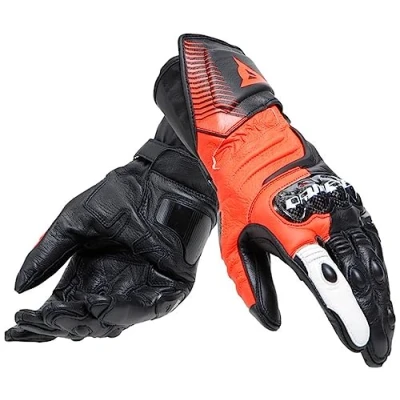 Image of DAINESE Carbon 4 Long Gloves, Leather Sport Motorcycle Knuckle Protectors, Man, Black/Fluo Red/White, L