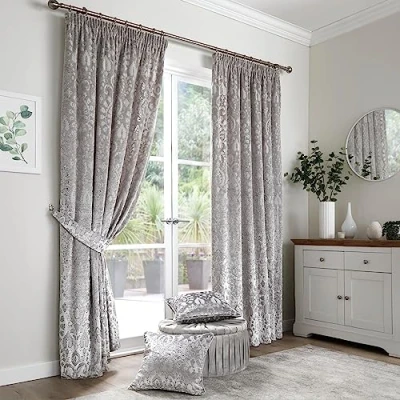 Image of Curtina Silver Damask Curtains W66 x L90 (168 229cm) Pencil Pleat Velvet Luxury &amp; Drapes for Bedroom Living Room Floral