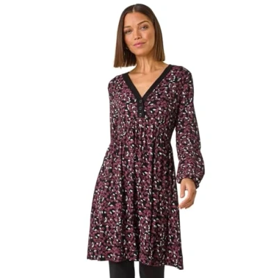 Image of Roman Stretch Jersey Dress for Women UK Ladies Gathered Waist A Line Swing Skater Fit &amp; Flare Winter Autumn Knee Length V Neck Casual Smart Cocktail Party Going Out Floral Wine Size 12