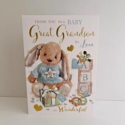 Image of New Baby Great Grandson Thank You Card Bunny Rabbit Toy Special Finishes and Illustrated Insert Leaf Made in the UK