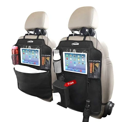 Image of Oasser 2PCS Kick Mats Car Organisers Waterproof Seat Back Protectors with 12.9&#039;&#039; iPad Tablet Touch Screen Holder Multi Pockets Including Tissue Box