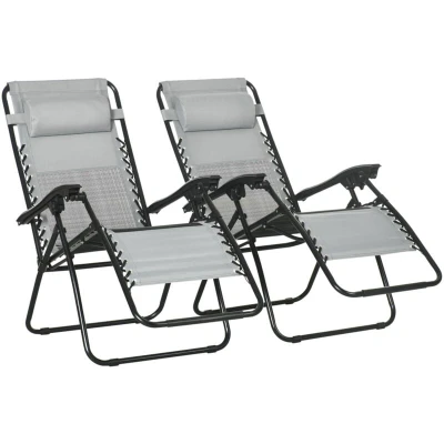 Image of Outsunny Garden Recliner Chairs Set of 2, Outdoor Foldable Zero Gravity w/Footstool and Detachable Headrest, Grey