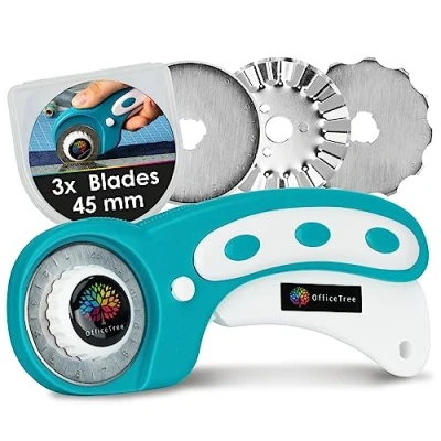 Image of OfficeTree Rotary Cutter for Fabric 3 Blades Ã˜ 45mm Material Wheel Easy Cutting of Materials and Paper Handle Ergonomic Lock Button